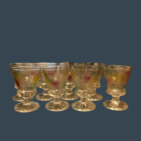 KIG Indonesia Footed Dessert Dish Embossed Floral Glass Vtg Set of 8 - Picture 2 of 8